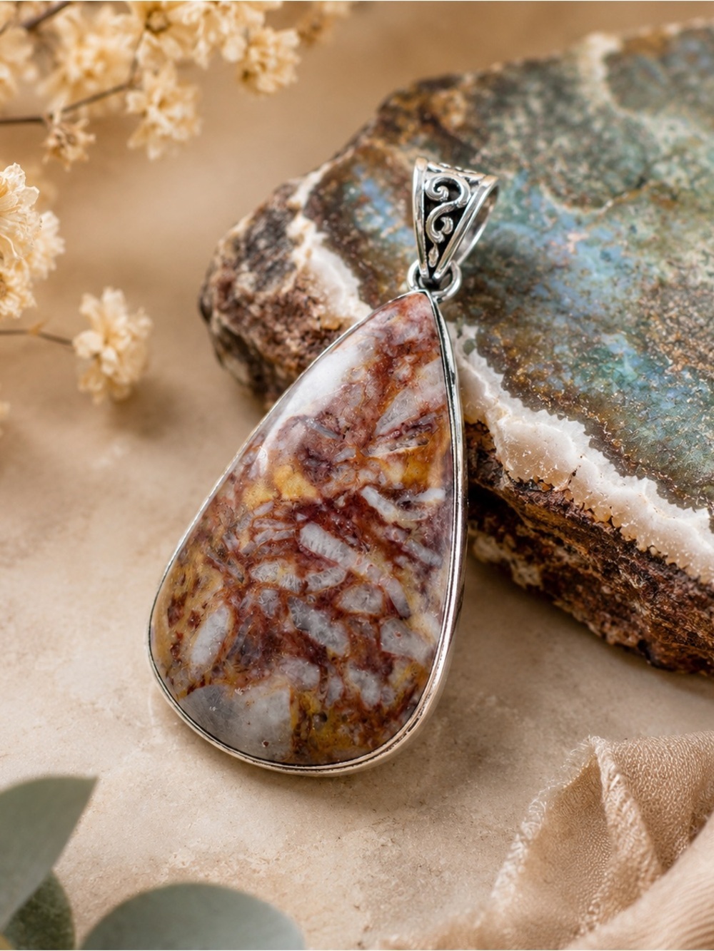 Artisan Multicolor Brecciated Jasper Teardrop Pendant Necklace - Brown, Cream